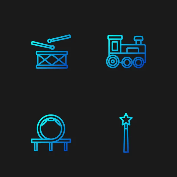 Set line Magic wand, Roller coaster, Drum with drum sticks and Toy train. Gradient color icons. Vector — Vettoriale Stock