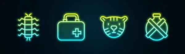 Set line Centipede insect, First aid kit, Tiger head and Canteen water bottle. Glowing neon icon. Vector — Vetor de Stock