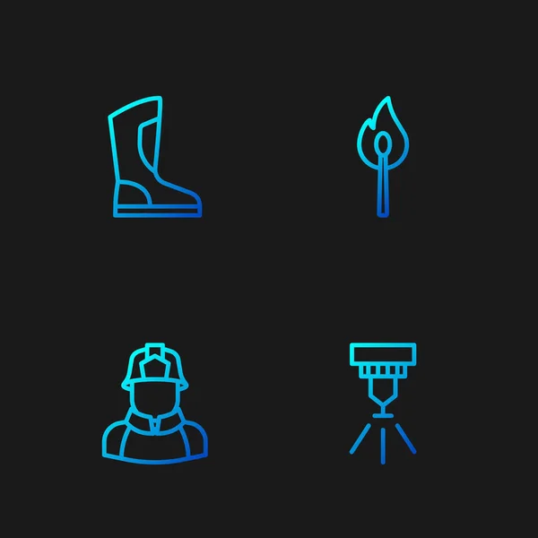 Set line Fire sprinkler system, Firefighter, boots and Burning match with fire. Gradient color icons. Vector — Vector de stock