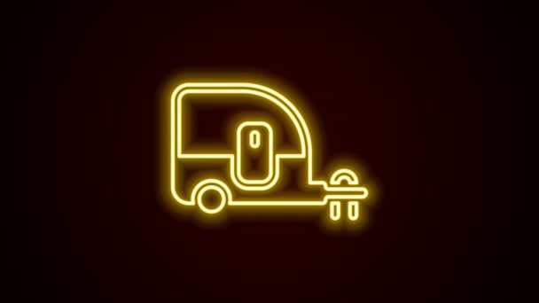 Светящийся неоновая линия Rv Camping иконка трейлера изолированы на черном фоне. Путешествие домой на передвижном автомобиле, караван, домашний кемпер для путешествий. Видеографическая анимация 4K — стоковое видео