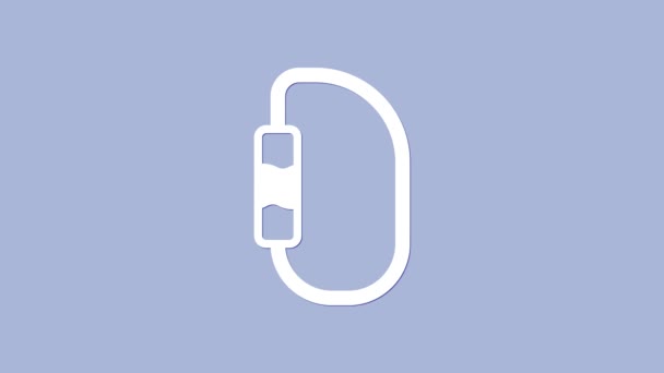 Weißes Karabiner-Symbol isoliert auf violettem Hintergrund. Extremsport. Sportgeräte. 4K Video Motion Grafik Animation — Stockvideo