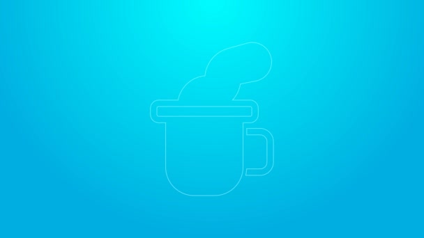 Pink line Cup of tea icon isolated on blue background. 4K Video motion graphic animation — Stock video