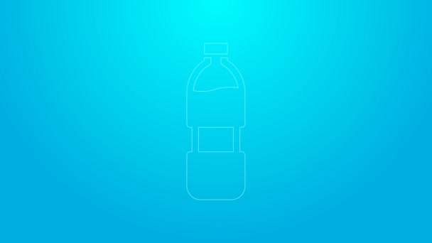 Roze lijn Flesje water pictogram geïsoleerd op blauwe achtergrond. Soda aqua bordje. 4K Video motion grafische animatie — Stockvideo
