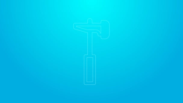 Pink line Hammer icon isolated on blue background. Tool for repair. 4K Video motion graphic animation — Stock Video