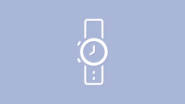Иконка часов белого запястья выделена на фиолетовом фоне. Иконка наручных часов. Видеографическая анимация 4K — стоковое видео