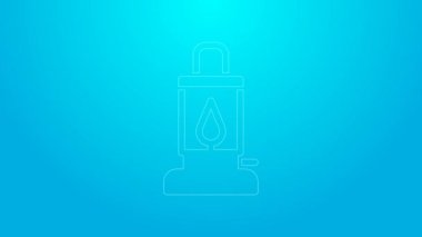 Pembe çizgi kamp feneri ikonu mavi arka planda izole edildi. 4K Video hareketli grafik canlandırması