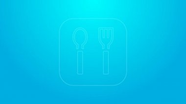 Pink line Fork and spoon icon isolated on blue background. Cooking utensil. Cutlery sign. 4K Video motion graphic animation