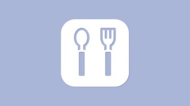 White Fork and spoon icon isolated on purple background. Cooking utensil. Cutlery sign. 4K Video motion graphic animation
