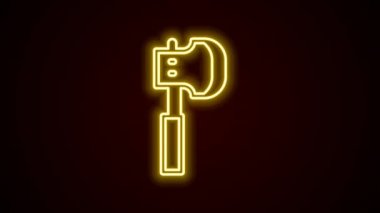 Parlayan neon hattı tahta balta ikonu siyah arkaplanda izole edildi. Oduncu baltası. 4K Video hareketli grafik canlandırması