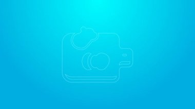 Pink line Cutting board with vegetables icon isolated on blue background. Chopping Board symbol. 4K Video motion graphic animation