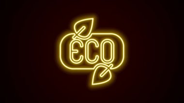Parlayan neon çizgisi Yaprak Eko simgesi simgesi siyah arkaplanda izole edildi. Pankart, etiket, etiket, logo, çevre yeşili etiketi. 4K Video hareketli grafik canlandırması