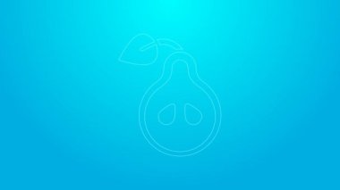 Pembe çizgi armut simgesi mavi arkaplanda izole edildi. Yaprak sembollü meyve. 4K Video hareketli grafik canlandırması