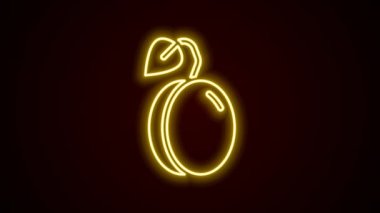 Parlayan neon hattı, siyah arkaplanda izole edilmiş erik meyvesi ikonu. 4K Video hareketli grafik canlandırması