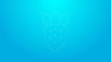 Mavi arkaplanda pembe çizgili çilek simgesi var. 4K Video hareketli grafik canlandırması