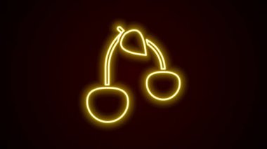 Parlayan neon çizgisi kiraz simgesi siyah arkaplanda izole edildi. Yaprak sembollü meyve. 4K Video hareketli grafik canlandırması