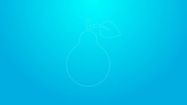 Pembe çizgi armut simgesi mavi arkaplanda izole edildi. Yaprak sembollü meyve. 4K Video hareketli grafik canlandırması