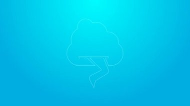 Mavi arkaplanda pembe çizgi fırtına simgesi izole edildi. Bulut ve şimşek işareti. Fırtınanın hava durumu ikonu. 4K Video hareketli grafik canlandırması