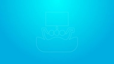 Pink line Ancient viking scandinavian drakkar icon isolated on blue background. Viking transport ship. 4K Video motion graphic animation