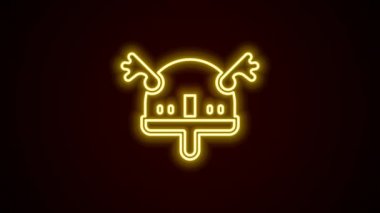 Siyah arka planda izole edilmiş boynuzlu miğfer ikonuyla parlayan neon hattı Viking. 4K Video hareketli grafik canlandırması