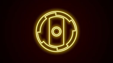 Glowing neon line Shield viking icon isolated on black background. Round wooden shield. Security, safety, protection, privacy, guard concept. 4K Video motion graphic animation