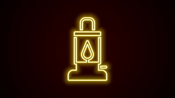 Icono de linterna acampada de línea de neón brillante aislado sobre fondo negro. Animación gráfica de vídeo 4K — Vídeos de Stock