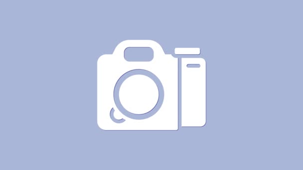 Εικόνα λευκής φωτογραφικής μηχανής που απομονώνεται σε μωβ φόντο. Φωτογραφία κάμερα. Ψηφιακή φωτογραφία. 4K Γραφική κίνηση κίνησης βίντεο — Αρχείο Βίντεο