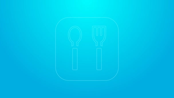 Pink line Fork and spoon icon isolated on blue background. Cooking utensil. Cutlery sign. 4K Video motion graphic animation — Stock Video
