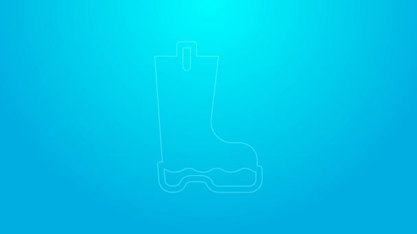 Pink line Waterproof rubber boot icon isolated on blue background. Gumboots for rainy weather, fishing, gardening. 4K Video motion graphic animation — Stock Video