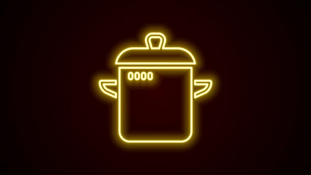 Glowing neon line Cooking pot icon isolated on black background. Boil or stew food symbol. 4K Video motion graphic animation — Stock Video
