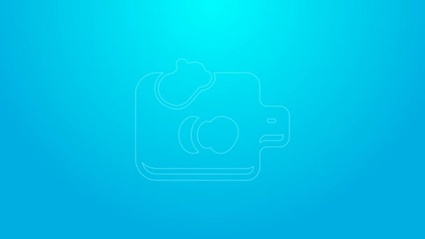 Linha rosa Placa de corte com ícone de legumes isolado no fundo azul. Símbolo de tábua de corte. Animação gráfica em movimento de vídeo 4K — Vídeo de Stock