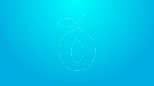 Pink line Plum fruit icon isolated on blue background. 4K Video motion graphic animation — Stock Video