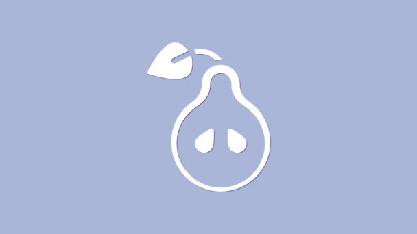 Ícone de pêra branca isolado no fundo roxo. Fruta com símbolo de folha. Animação gráfica em movimento de vídeo 4K — Vídeo de Stock