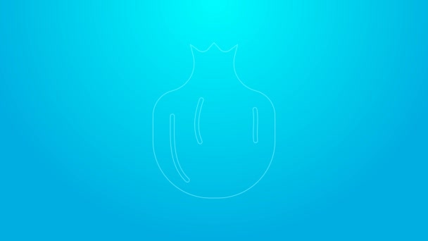 Pink line Pomegranate icon isolated on blue background. 가넷 열매. 4K 비디오 모션 그래픽 애니메이션 — 비디오