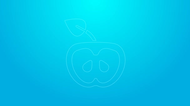 Ροζ εικονίδιο γραμμής Apple απομονωμένο σε μπλε φόντο. Υπερβολικό βάρος. Υγιές μενού διατροφής. Άσκηση δίαιτα μήλο. 4K Γραφική κίνηση κίνησης βίντεο — Αρχείο Βίντεο