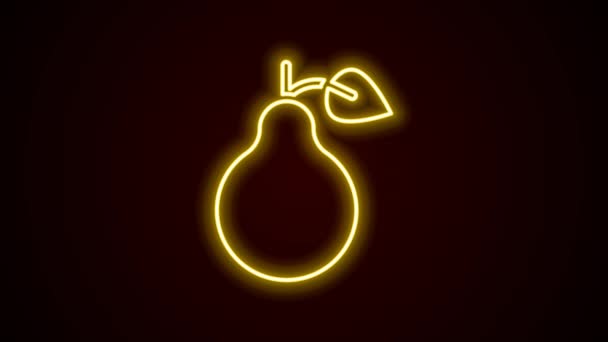 Gloeiende neon lijn Peer pictogram geïsoleerd op zwarte achtergrond. Fruit met bladsymbool. 4K Video motion grafische animatie — Stockvideo