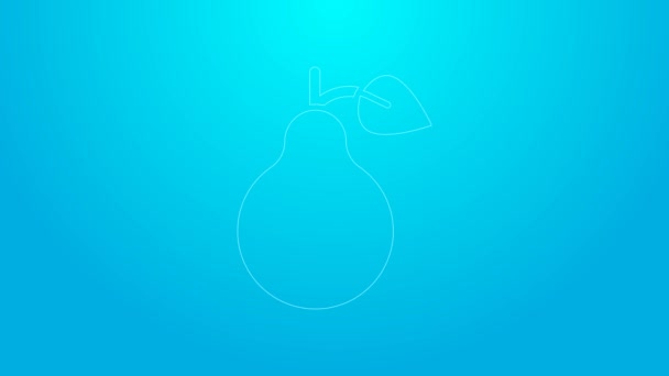 Pink line Pear icon isolated on blue background. Fruit with leaf symbol. 4K Video motion graphic animation — Stock Video