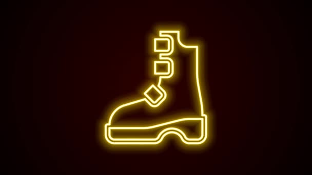 Leuchtende Neon-Linie Alte Wikingerstiefel Ikone isoliert auf schwarzem Hintergrund. Traditionelle Kleidung und Accessoires vergangener Zeiten. 4K Video Motion Grafik Animation — Stockvideo