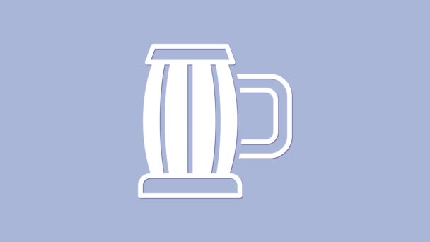 White Wooden beer mug icon isolated on purple background. 4K Video motion graphic animation — Stock Video