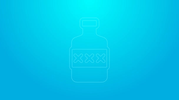 Línea rosa icono de la botella de whisky aislado sobre fondo azul. Animación gráfica de vídeo 4K — Vídeo de stock