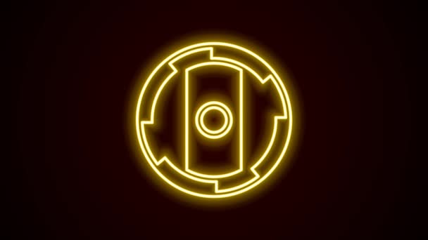 Glowing neon line Shield viking icon isolated on black background. Round wooden shield. Security, safety, protection, privacy, guard concept. 4K Video motion graphic animation — Video Stock