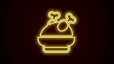 Parlayan neon hattı, kızarmış hindi ya da siyah arka planda izole edilmiş tavuk ikonu. 4K Video hareketli grafik canlandırması
