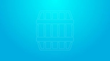 Pembe çizgi ahşap varil ikonu mavi arka planda izole edilmiş. Alkol fıçısı, içki kabı, bira için tahta fıçı, viski, şarap. 4K Video hareketli grafik canlandırması