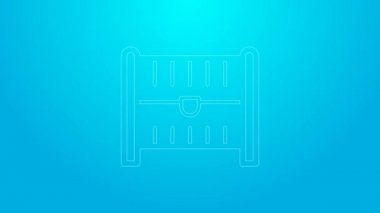 Mavi arka planda izole edilmiş pembe çizgi antika hazine sandığı ikonu. Altın sikkeli klasik tahta sandık. 4K Video hareketli grafik canlandırması