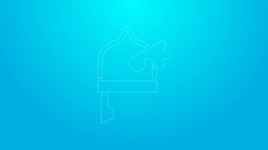 Mavi arka planda izole edilmiş boynuzlu kask ikonlu pembe çizgi Viking. 4K Video hareketli grafik canlandırması