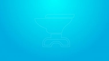 Pink line Anvil for blacksmithing and hammer icon isolated on blue background. Metal forging. Forge tool. 4K Video motion graphic animation