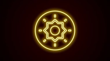Glowing neon line Shield viking icon isolated on black background. Round wooden shield. Security, safety, protection, privacy, guard concept. 4K Video motion graphic animation