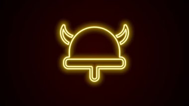 Siyah arka planda izole edilmiş boynuzlu miğfer ikonuyla parlayan neon hattı Viking. 4K Video hareketli grafik canlandırması