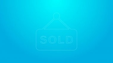 Mavi arkaplanda izole edilmiş metin satışı simgesi olan pembe satır asma işareti. Açık arttırma satıldı. Tabela satıldı. Teklif konsepti. Açık arttırma yarışması. 4K Video hareketli grafik canlandırması
