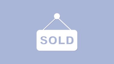 White Hanging sign with text Sold icon isolated on purple background. Auction sold. Sold signboard. Bidding concept. Auction competition. 4K Video motion graphic animation