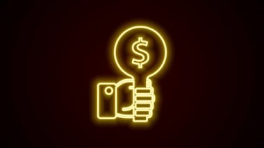Glowing neon line Hand holding auction paddle icon isolated on black background. Bidding concept. Auction competition. Hands rising signs with BID inscriptions. 4K Video motion graphic animation